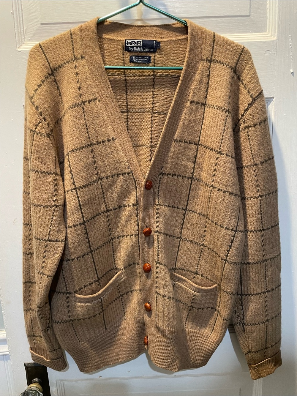 Vintage Polo by Ralph Lauren Men's Camel Cardigan, Cashmere Blend, Large